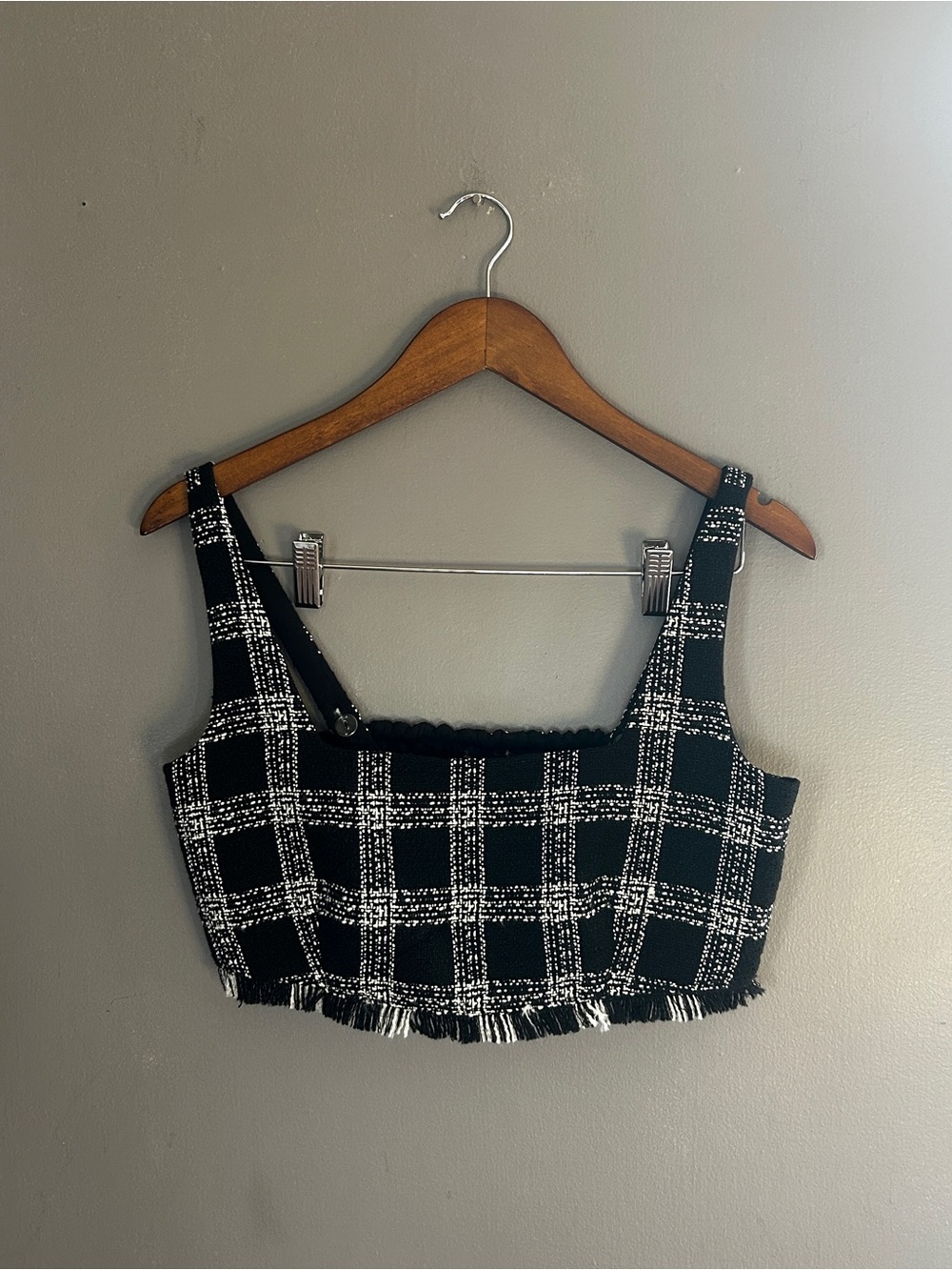 House of Harlow Black White Plaid Tweed Crop Top Fringe Hem Medium